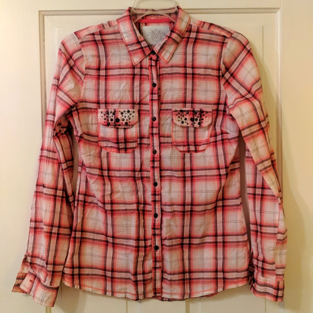 Maurice's plaid button up shirt with decorative studs, M